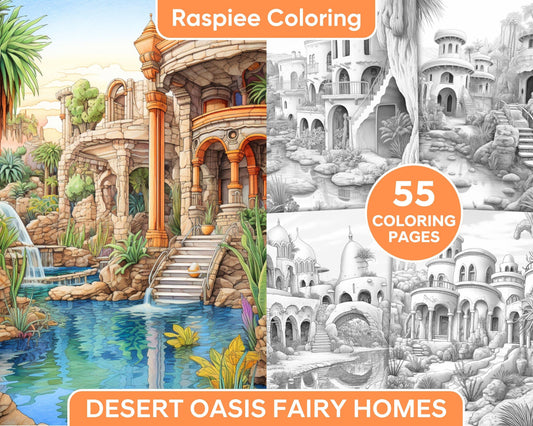 55 Desert Oasis Fairy Homes Grayscale Coloring Pages for Adults, Printable PDF Instant Download