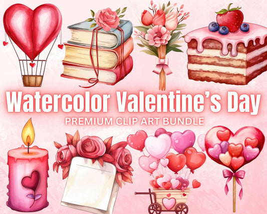 Romantic Watercolor Valentine's Day Clipart Bundle, 73 PNG High-Res Files for Commercial Use