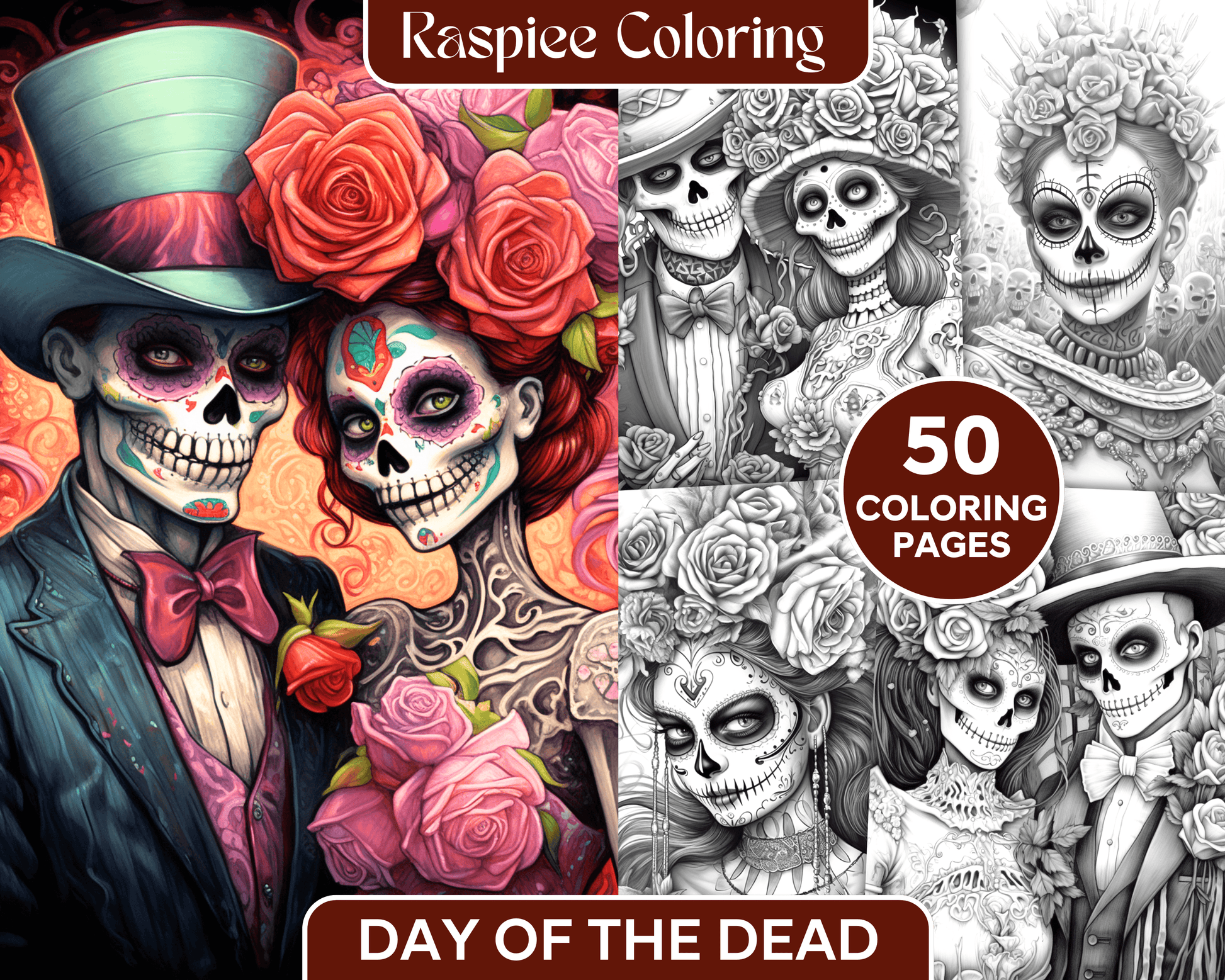 50 Day of the Dead Grayscale Coloring Pages Printable for Adults, PDF File Instant Download