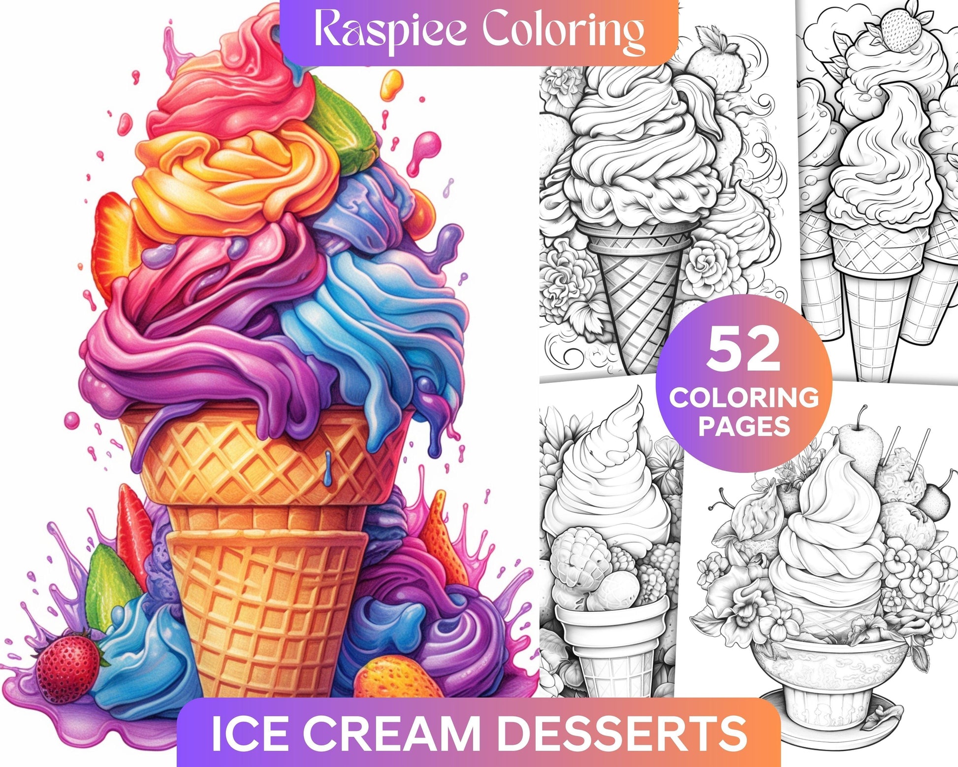52 Printable Ice Cream Desserts Coloring Pages for Adults and Kids, Grayscale Coloring Page, PDF File Instant Download