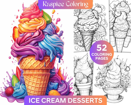 52 Printable Ice Cream Desserts Coloring Pages for Adults and Kids, Grayscale Coloring Page, PDF File Instant Download
