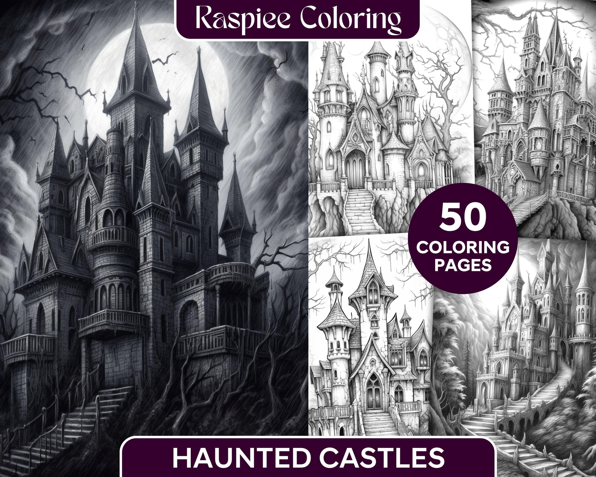 50 Haunted Castles Grayscale Coloring Pages Printable, Halloween Coloring Book, PDF File Instant Download