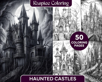 50 Haunted Castles Grayscale Coloring Pages Printable, Halloween Coloring Book, PDF File Instant Download