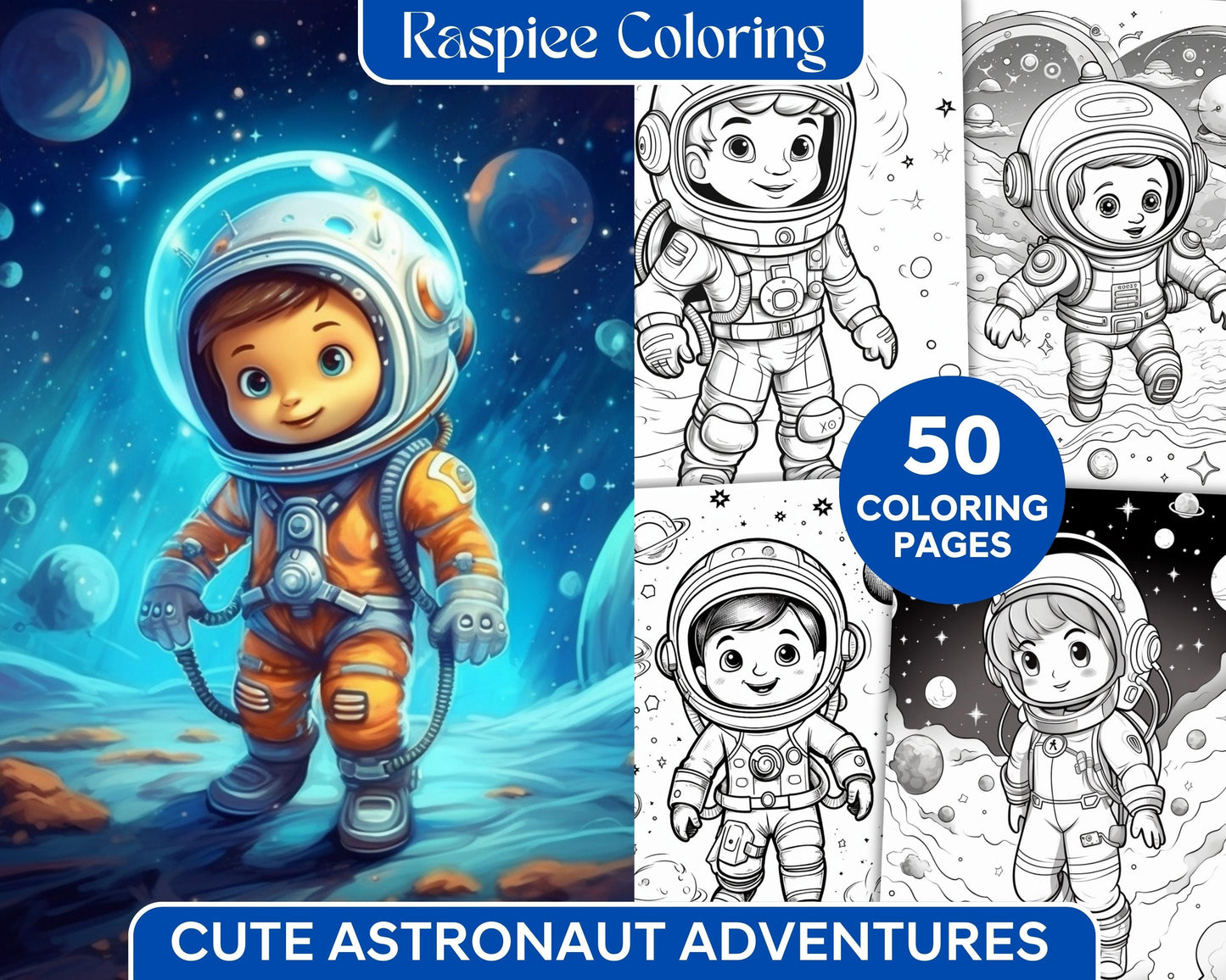 50 Cute Astronaut Adventures Coloring Pages Printable for Kids, PDF File Instant Download