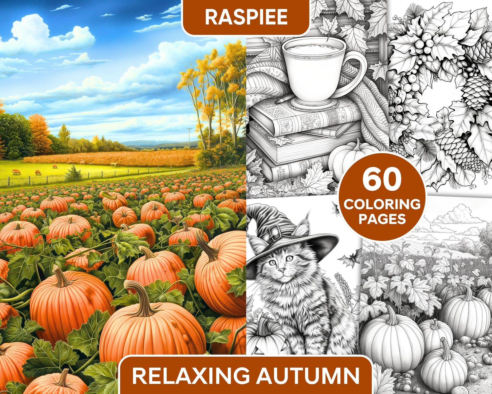 60 Relaxing Autumn Grayscale Adult Coloring Pages Printable PDF Instant Download