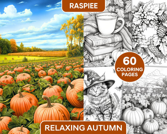 60 Relaxing Autumn Grayscale Adult Coloring Pages Printable PDF Instant Download