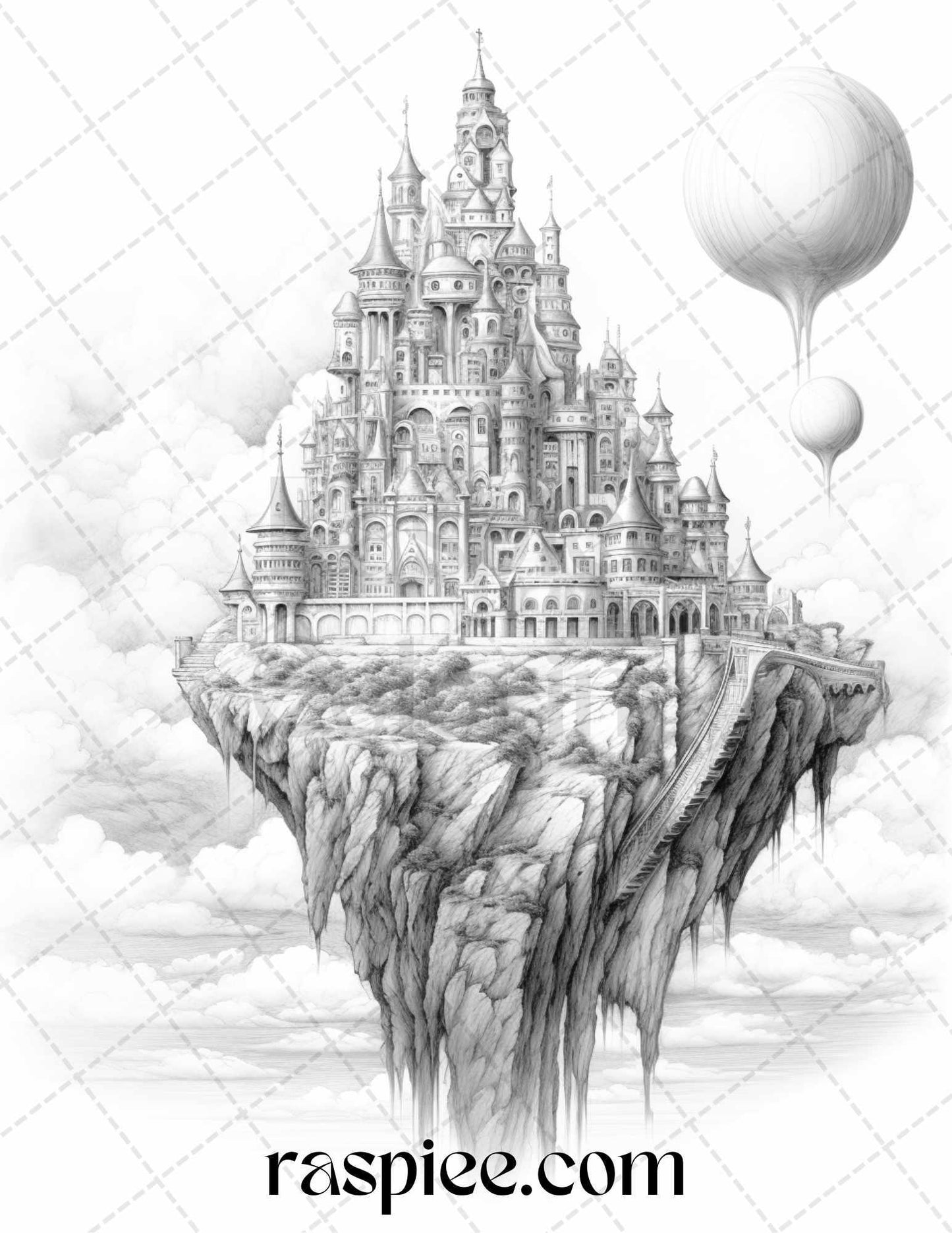 Floating Castle in the Sky Grayscale Coloring Pages for Adults, Printable PDF File Instant Download