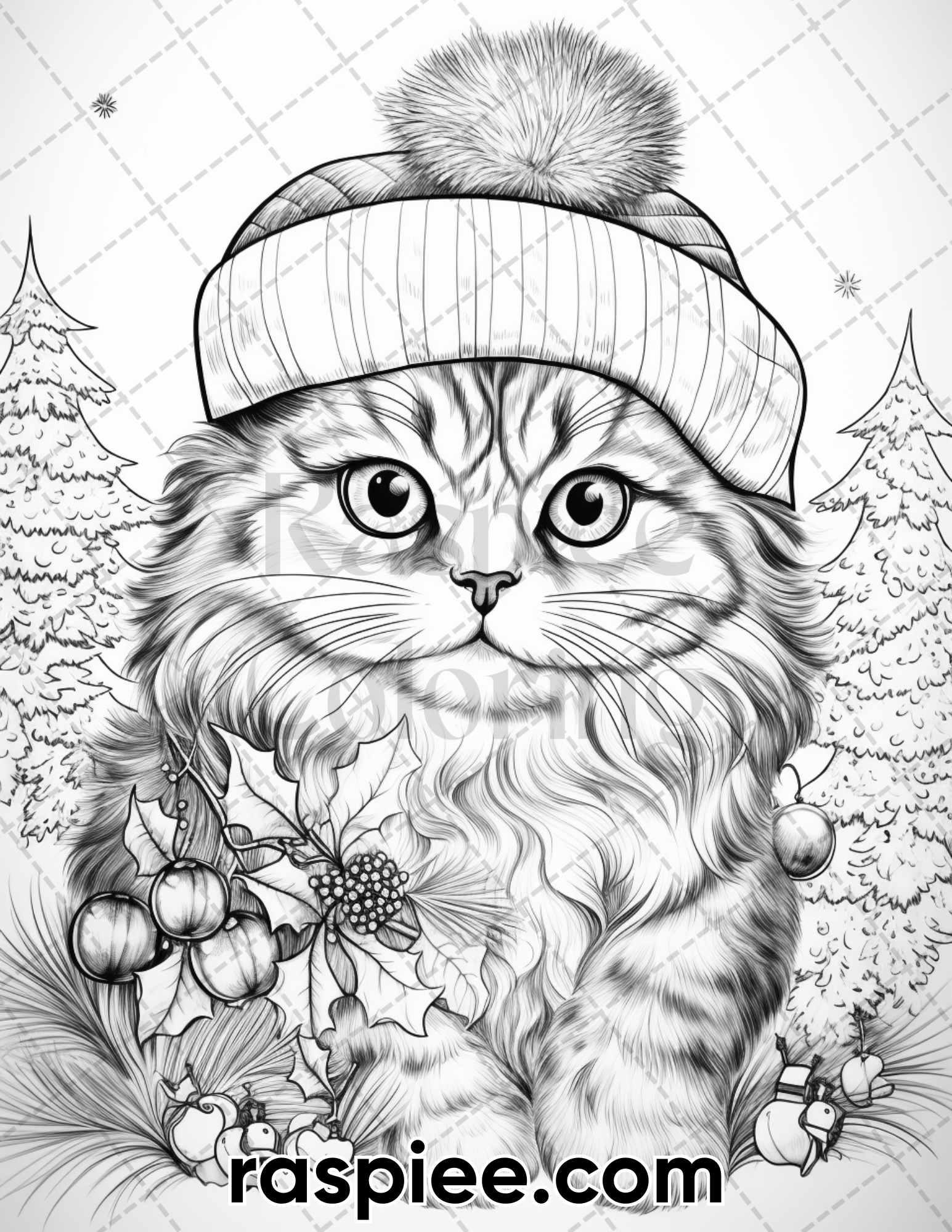40 Christmas Cats Grayscale Coloring Pages for Adults, Printable PDF Instant Download