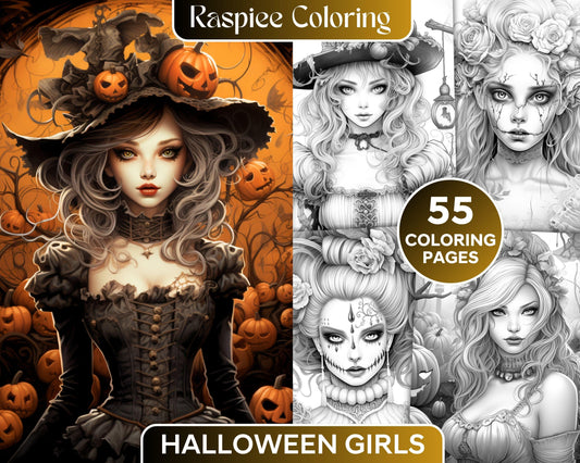 55 Halloween Girls Grayscale Coloring Pages Printable for Adults, PDF File Instant Download