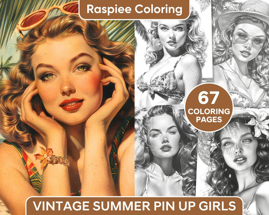 67 Vintage Summer Pin Up Girls Grayscale Adult Coloring Pages Printable PDF Instant Download