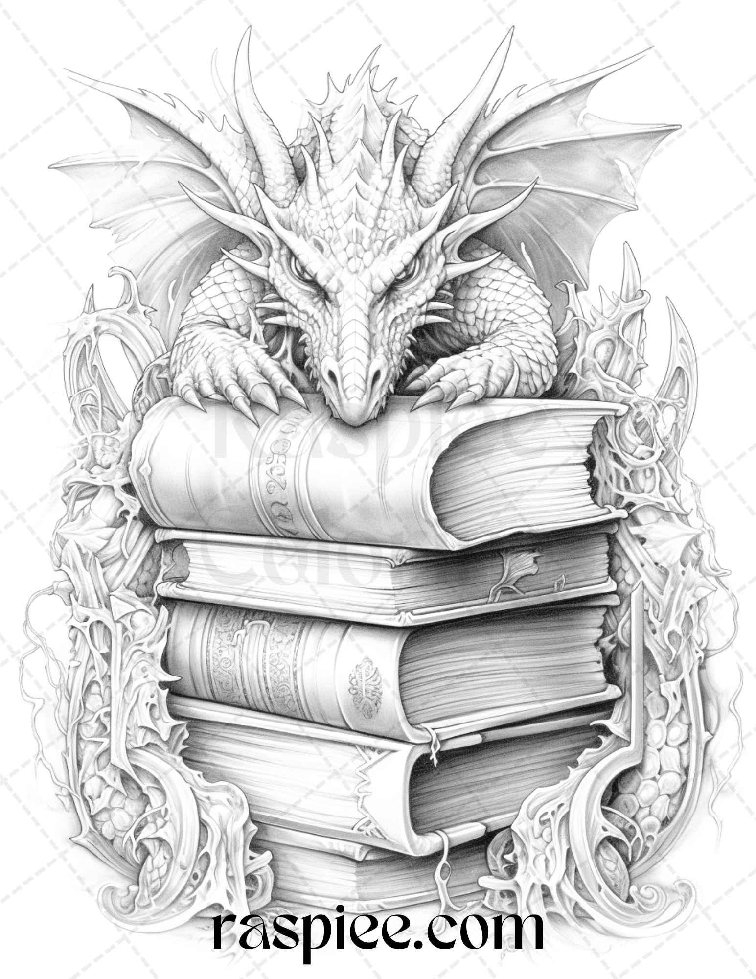 50 Magical Books Grayscale Coloring Pages Printable for Adults, PDF File Instant Download