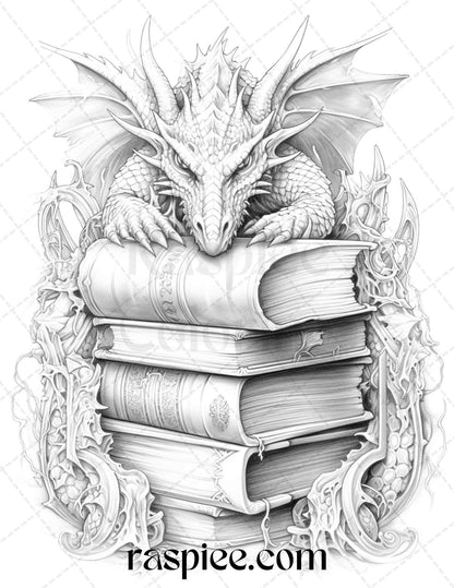 50 Magical Books Grayscale Coloring Pages Printable for Adults, PDF File Instant Download