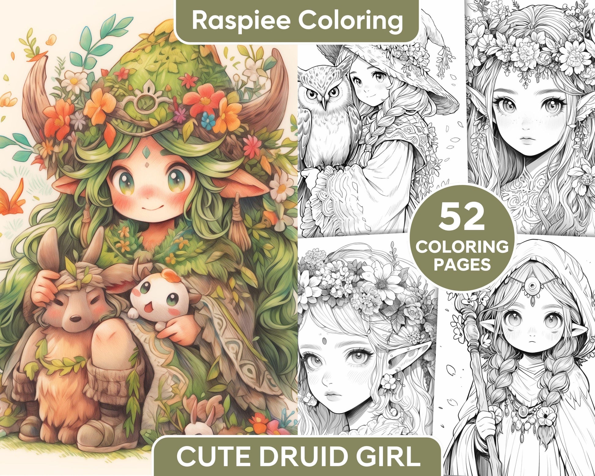 52 Cute Druid Girl Grayscale Coloring Pages for Adults, Printable PDF Instant Download