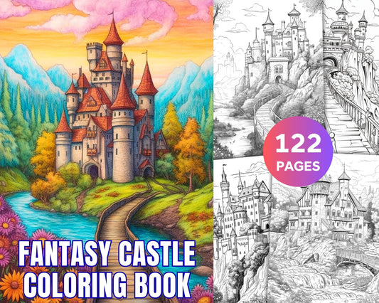 122 Fantasy Castles Coloring Book for Adults, Grayscale Coloring Page, Printable PDF Instant Download