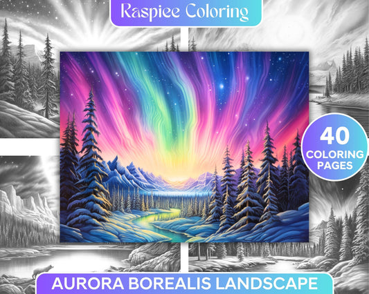 Aurora Borealis Landscape Grayscale Coloring Pages for Adults, Printable PDF File Instant Download