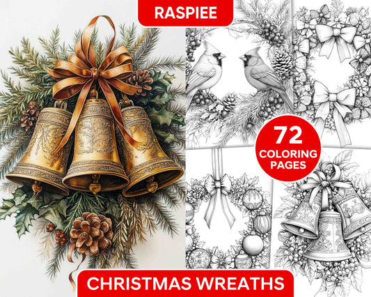 72 Christmas Wreaths Adult Coloring Pages
