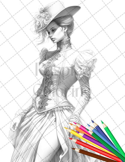 50 Victorian Fashion Grayscale Coloring Pages Printable for Adults, PDF File Instant Download