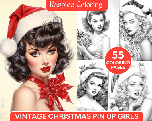 55 Vintage Christmas Pin Up Girls Grayscale Coloring Pages for Adults, Printable PDF File Instant Download