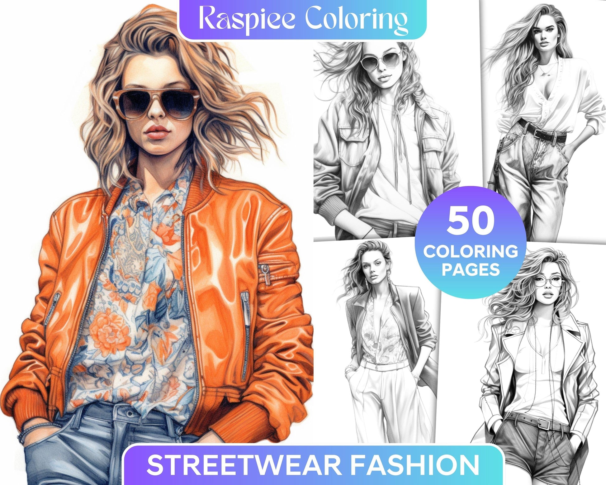 50 Streetwear Fashion Grayscale Coloring Pages Printable for Adults, PDF File Instant Download