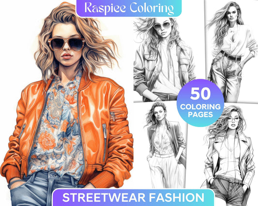 50 Streetwear Fashion Grayscale Coloring Pages Printable for Adults, PDF File Instant Download