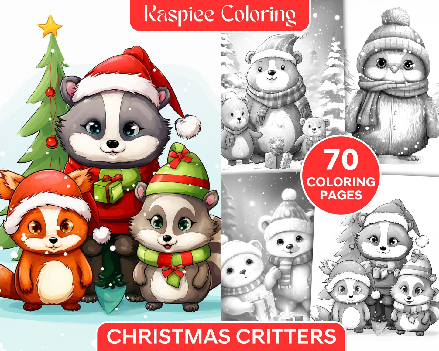 70 Christmas Critters Grayscale Coloring Pages Printable for Adults and Kids, PDF File Instant Download