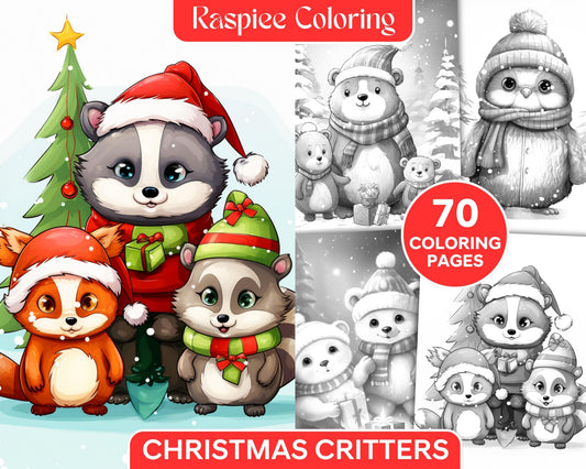 70 Christmas Critters Grayscale Coloring Pages Printable for Adults and Kids, PDF File Instant Download