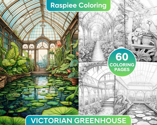 60 Victorian Greenhouse Grayscale Adult Coloring Pages, Printable PDF Instant Download