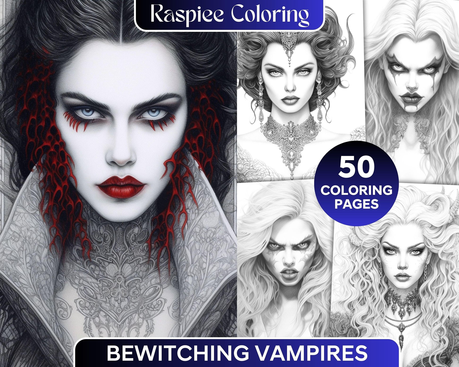 Bewitching Vampires Grayscale Coloring Pages Printable for Adults, PDF File Instant Download
