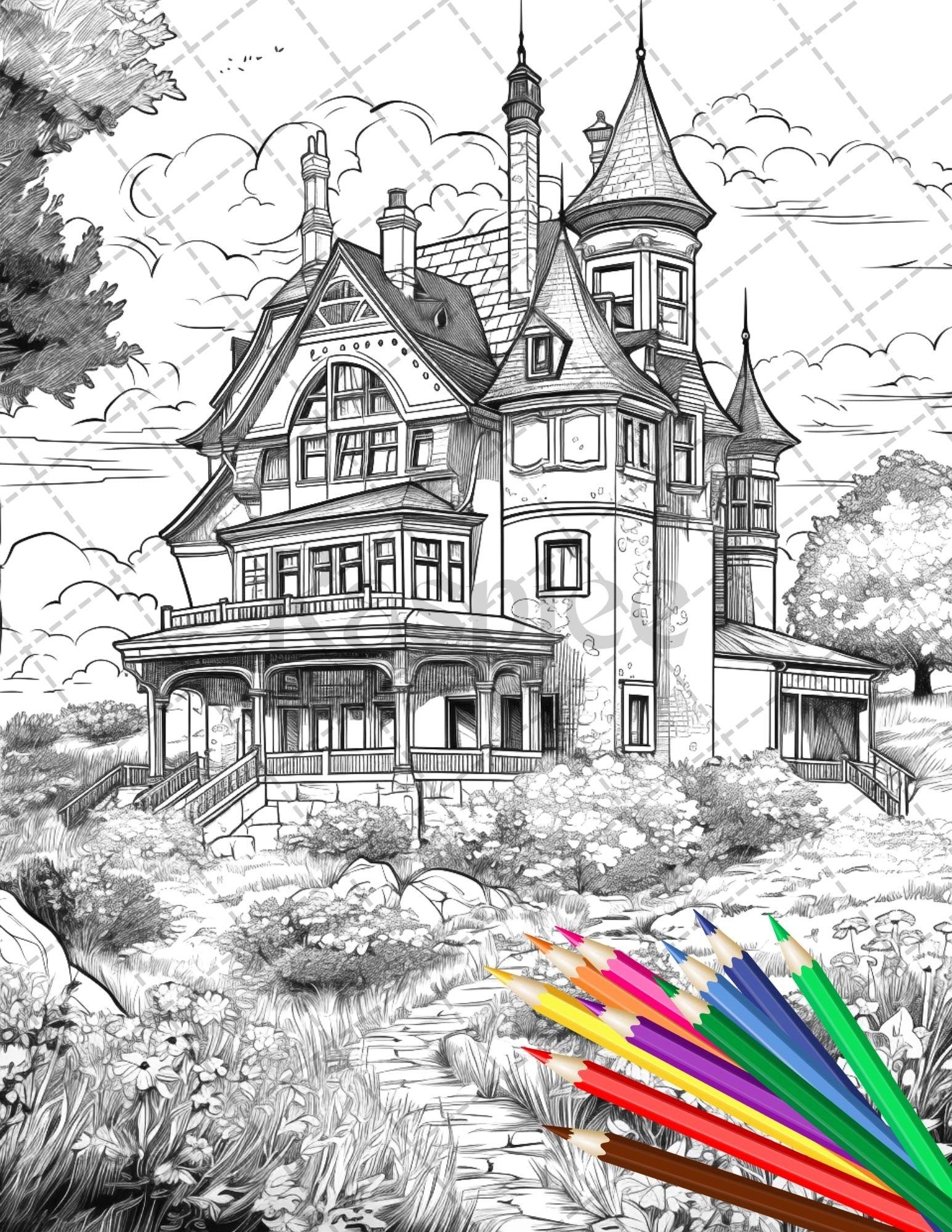 122 Fantasy Castles Coloring Book for Adults, Grayscale Coloring Page, Printable PDF Instant Download
