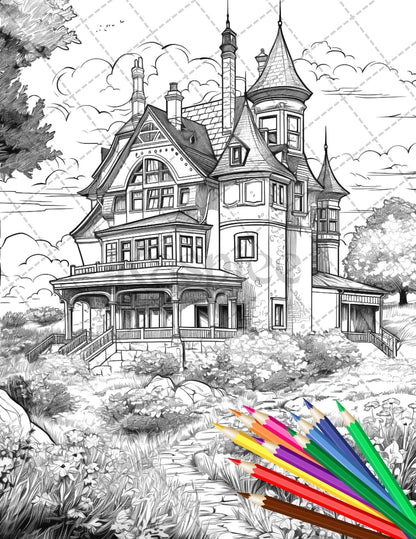 122 Fantasy Castles Coloring Book for Adults, Grayscale Coloring Page, Printable PDF Instant Download