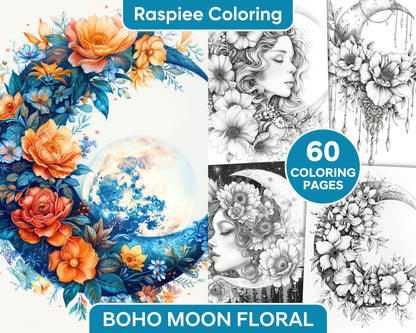 60 Boho Moon Floral Grayscale Adult Coloring Pages Printable PDF Instant Download