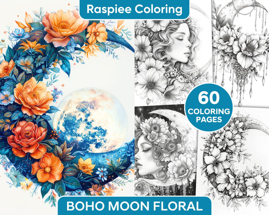 60 Boho Moon Floral Grayscale Adult Coloring Pages Printable PDF Instant Download
