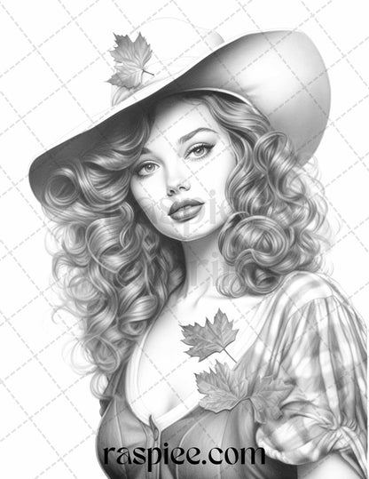 55 Autumn Pin Up Girls Grayscale Coloring Pages Printable for Adults, PDF File Instant Download