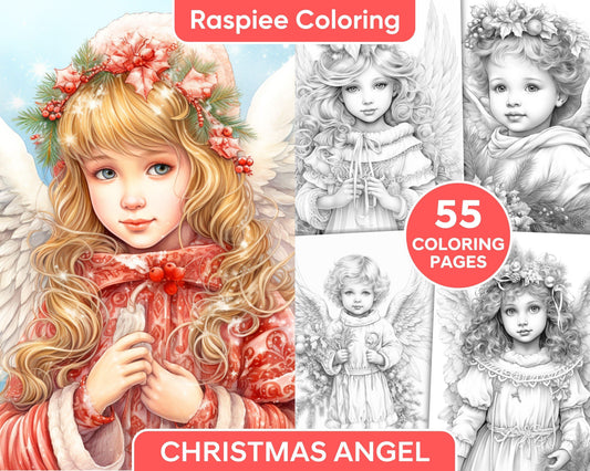 55 Christmas Angel Grayscale Coloring Pages for Adults, Printable PDF Instant Download