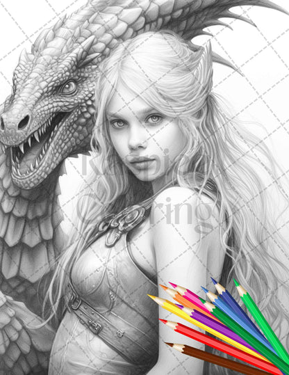 Enchanted Dragon Queens Grayscale Coloring Pages Printable for Adults, PDF File Instant Download