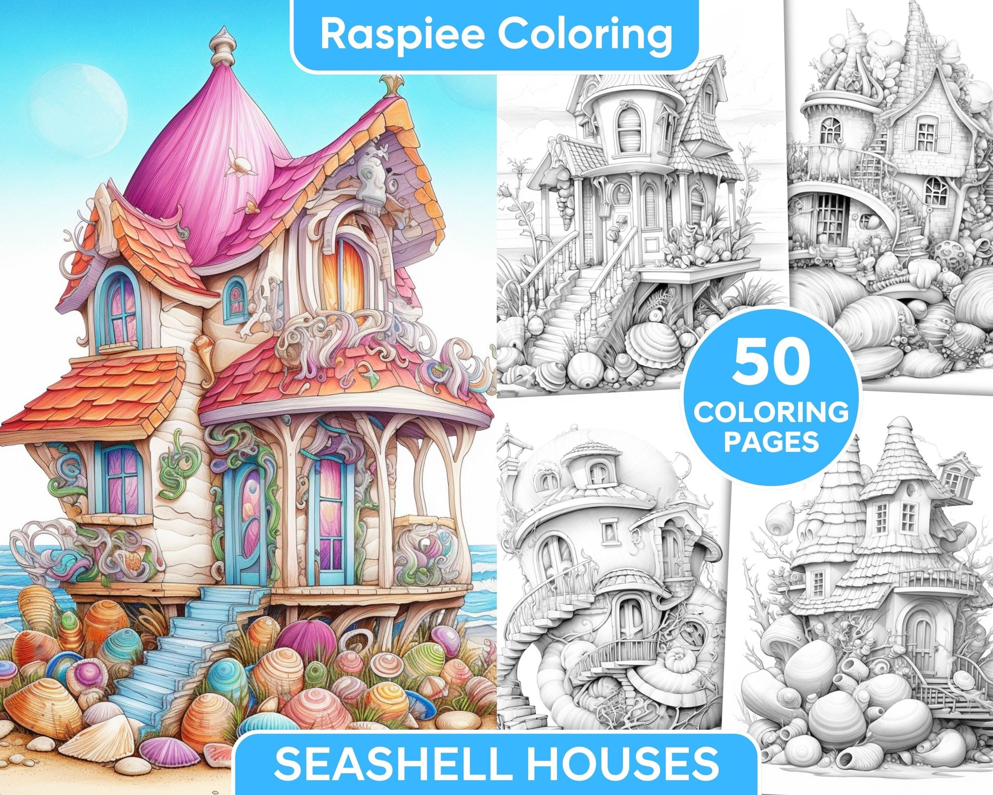 50 Seashell Houses Grayscale Adult Coloring Pages, Printable PDF Instant Download