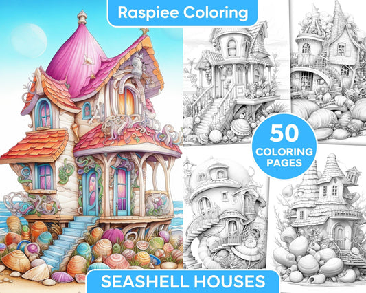 50 Seashell Houses Grayscale Adult Coloring Pages, Printable PDF Instant Download