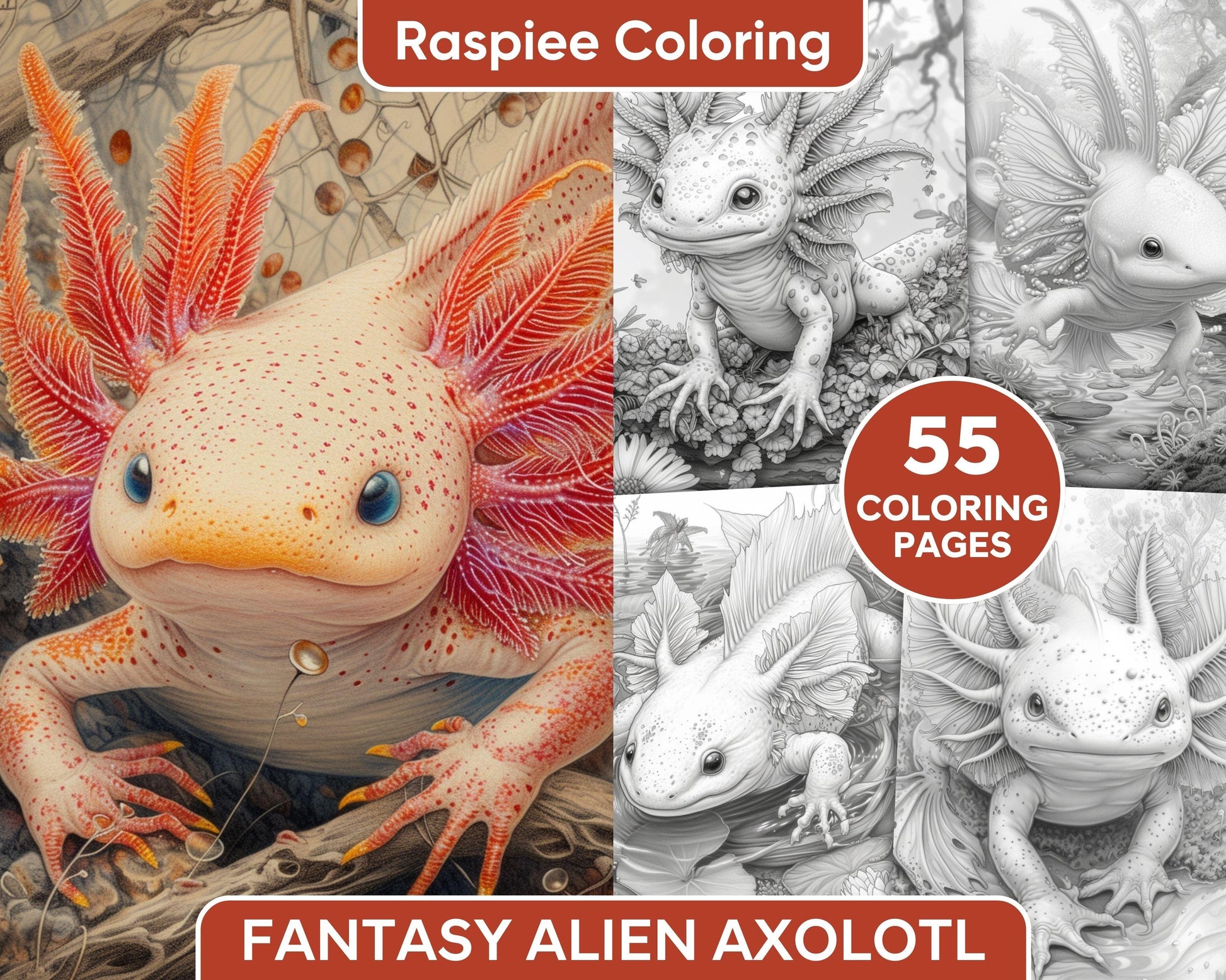 55 Fantasy Alien Axolotl Grayscale Adult Coloring Pages, Printable PDF Instant Download