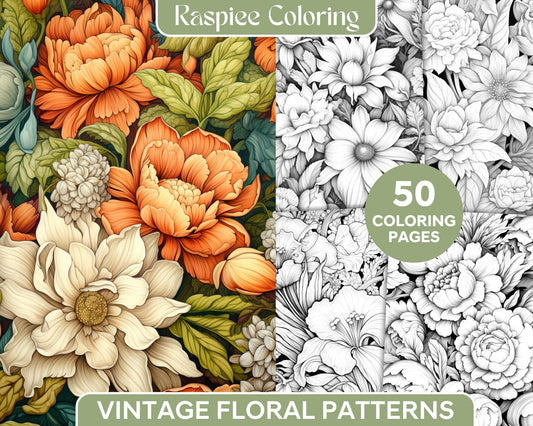 50 Vintage Floral Patterns Grayscale Coloring Pages Printable for Adults, PDF File Instant Download