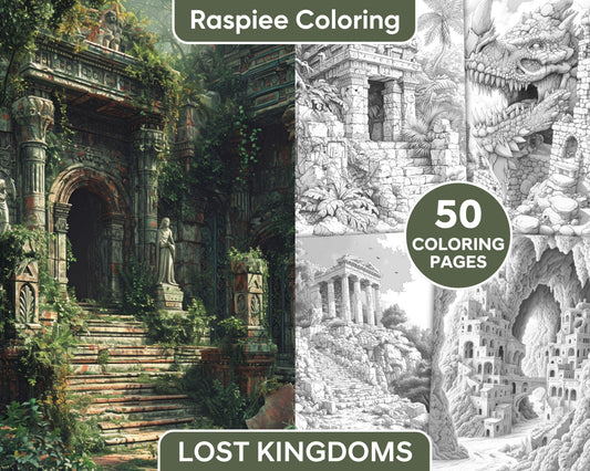 50 Lost Kingdoms Grayscale Adult Coloring Pages, Printable PDF Instant Download