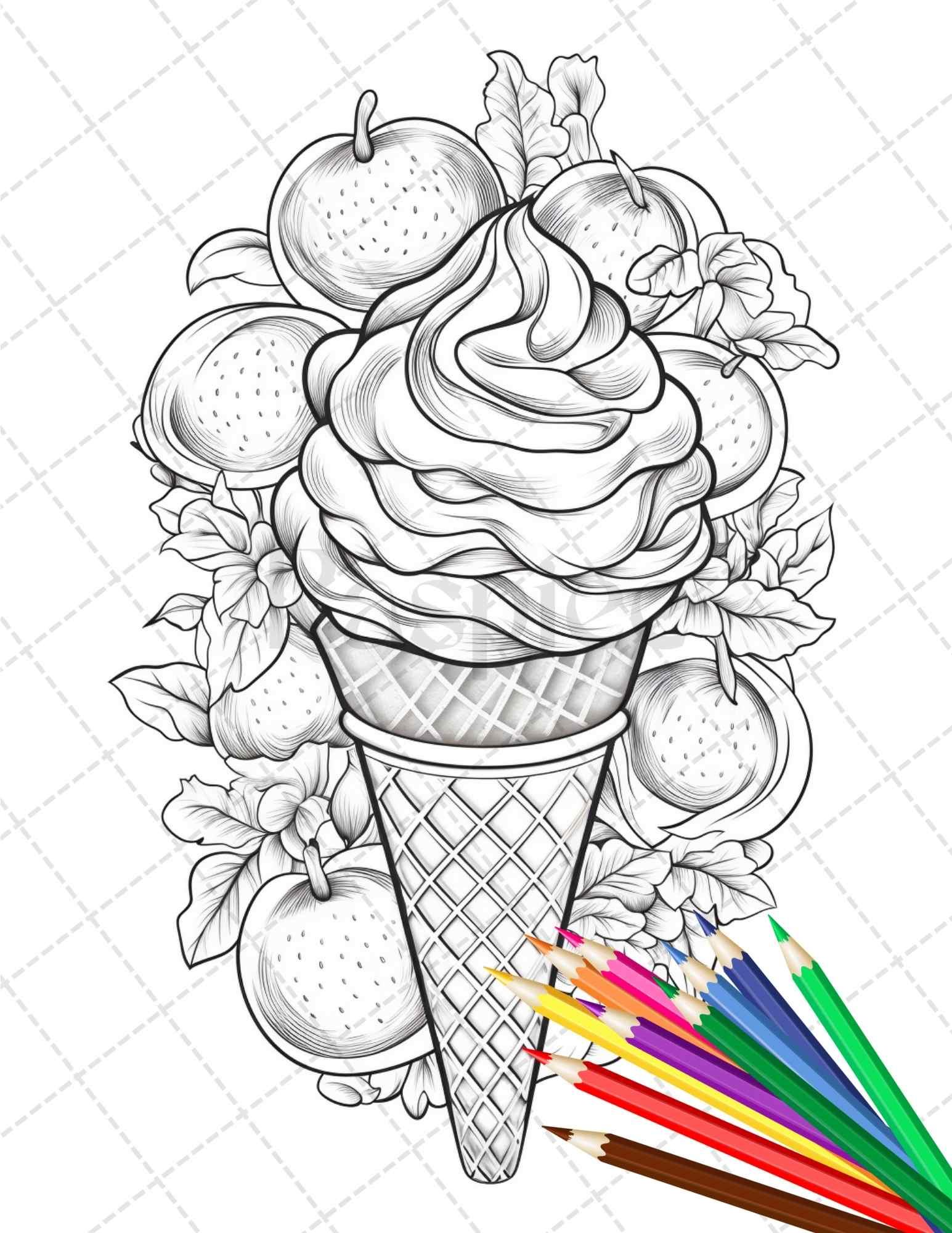 52 Printable Ice Cream Desserts Coloring Pages for Adults and Kids, Grayscale Coloring Page, PDF File Instant Download