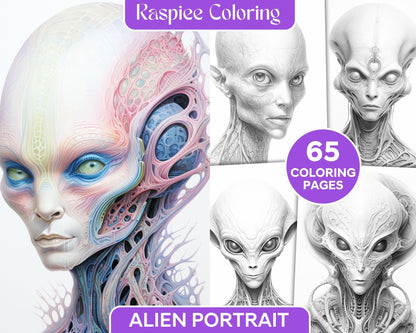 65 Alien Portrait Grayscale Coloring Pages for Adults, Printable PDF File Instant Download