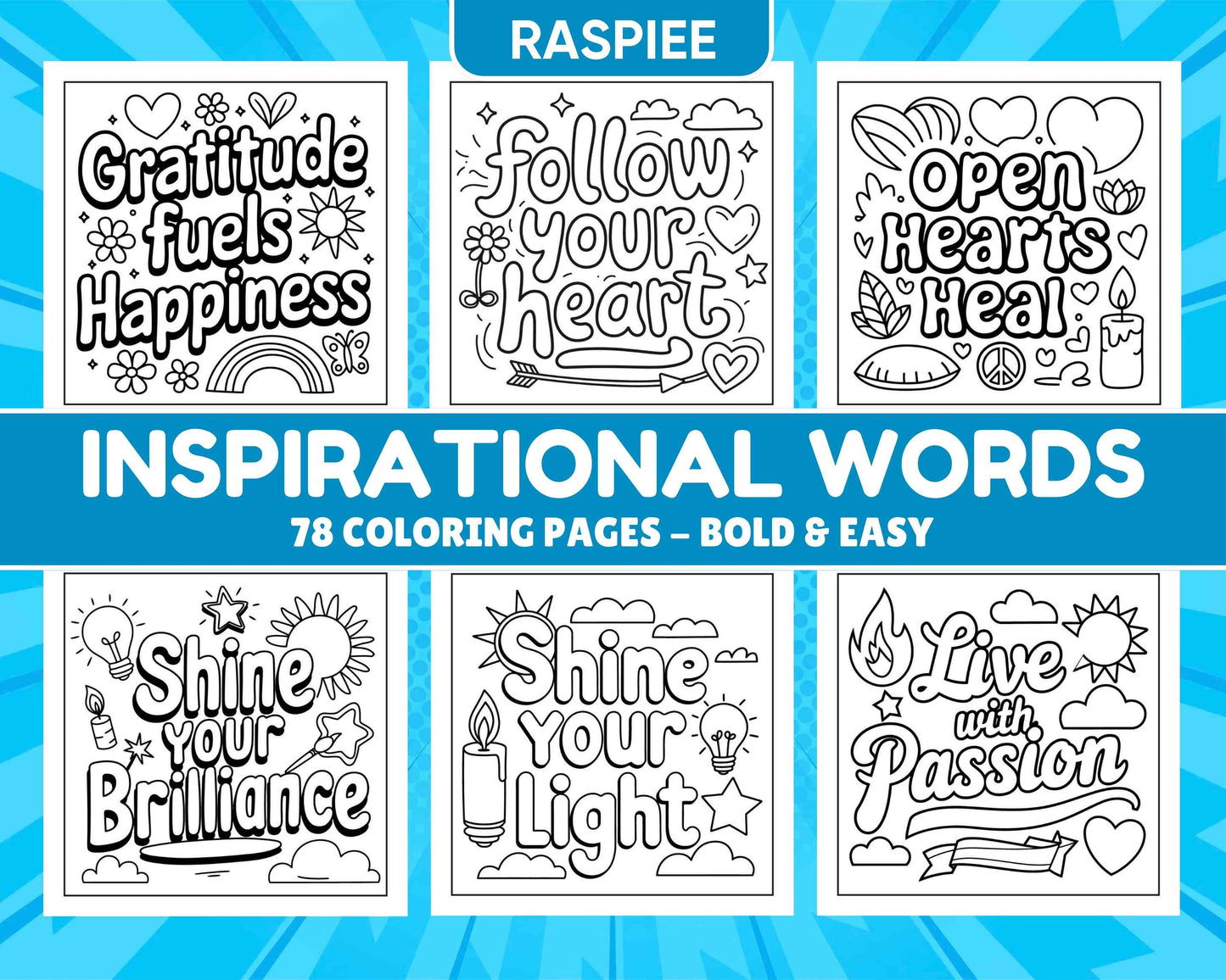 78 Bold and Easy Inspirational Words Coloring Pages Printable PDF Instant Download