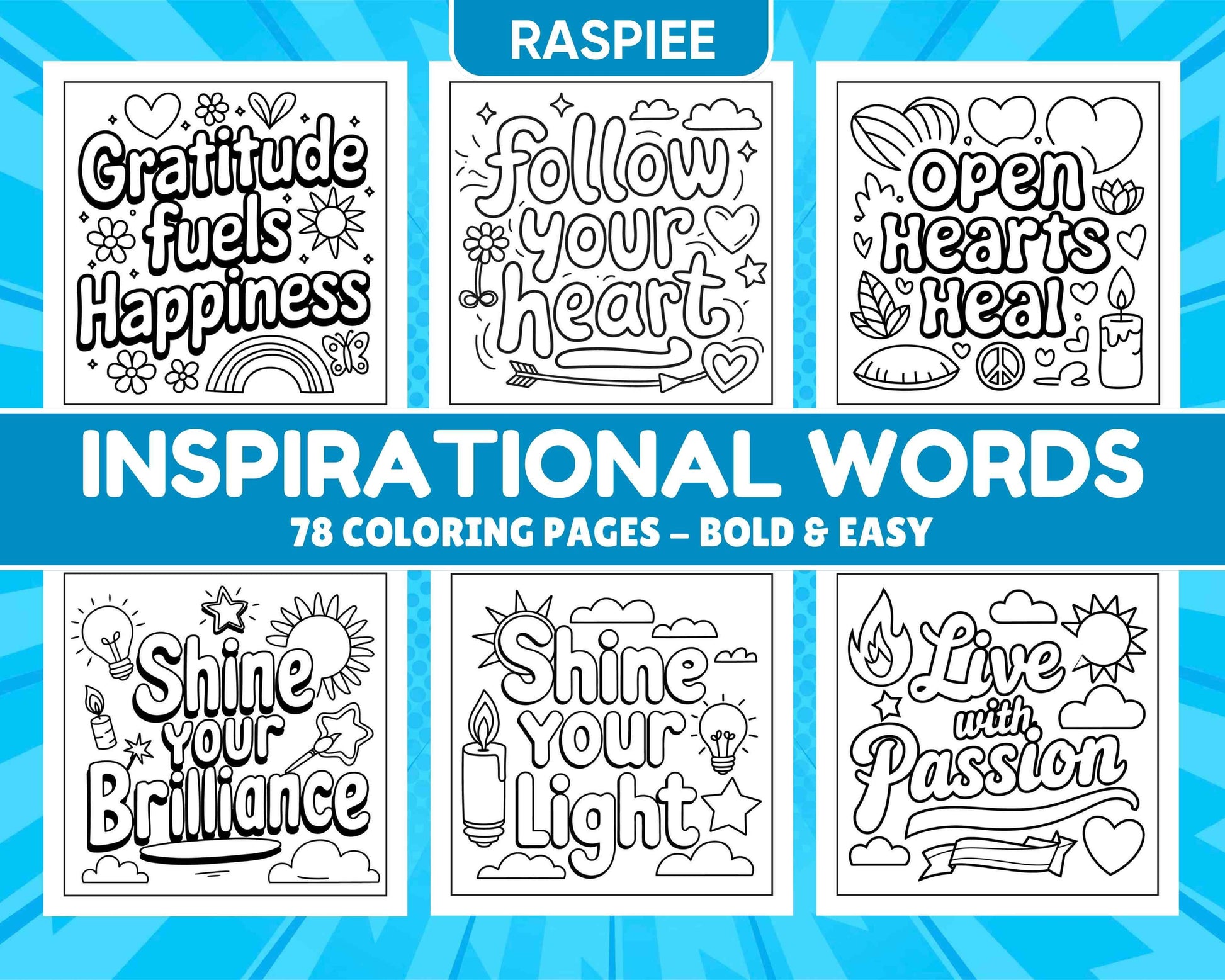 78 Bold and Easy Inspirational Words Coloring Pages Printable PDF Instant Download