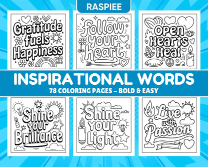 78 Bold and Easy Inspirational Words Coloring Pages Printable PDF Instant Download