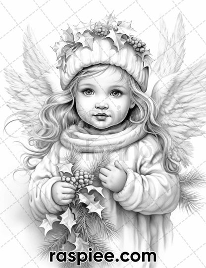 55 Christmas Angel Grayscale Coloring Pages for Adults, Printable PDF Instant Download
