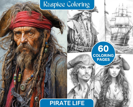 60 Pirate Life Grayscale Coloring Pages Printable for Adults, Stress Relief Coloring, PDF File Instant Download