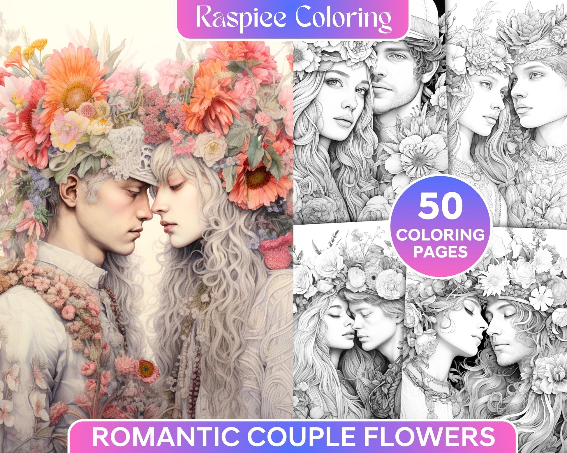 50 Romantic Couple Flowers Grayscale Coloring Pages Printable for Adults, PDF File Instant Download