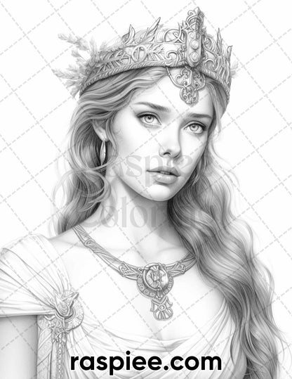 60 Ancient Greece Women Grayscale Coloring Pages for Adults, Printable PDF Instant Download