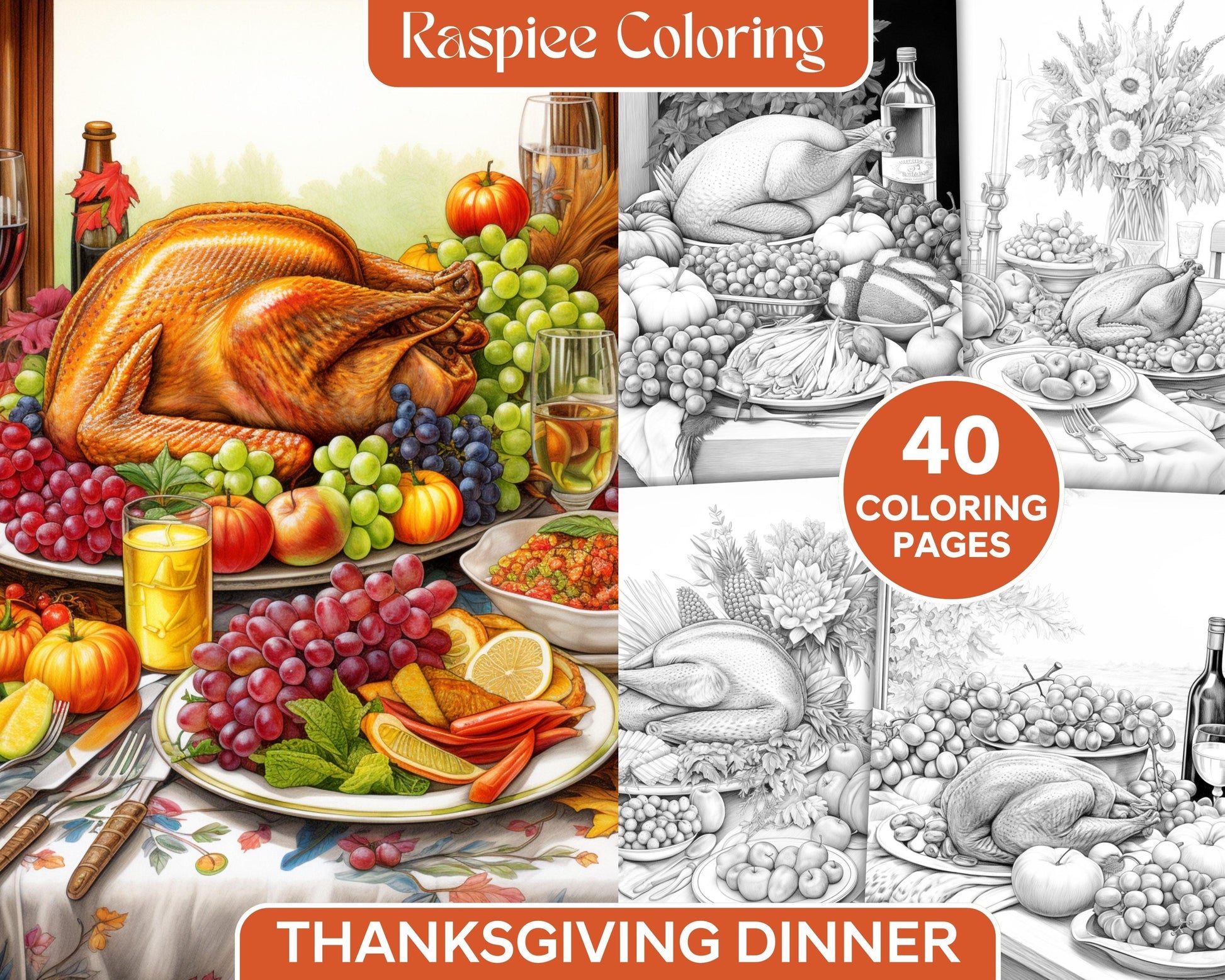 Thanksgiving Dinner Grayscale Coloring Pages for Adults, Relaxing Fall Coloring Sheets, Printable PDF File Instant Download